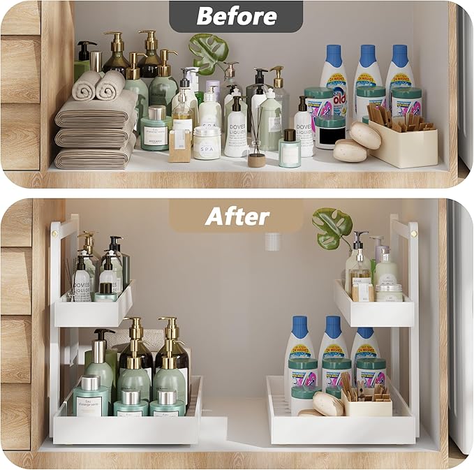 Bamboo Under Sink Organizer and Storage, 2 Tier Pull Out Cabinet Organizer, Slide Out Under Sink Storage Shelf, Undersink Organizers Shelves for Kitchen Bathroom Organization (White, 1 Pack)