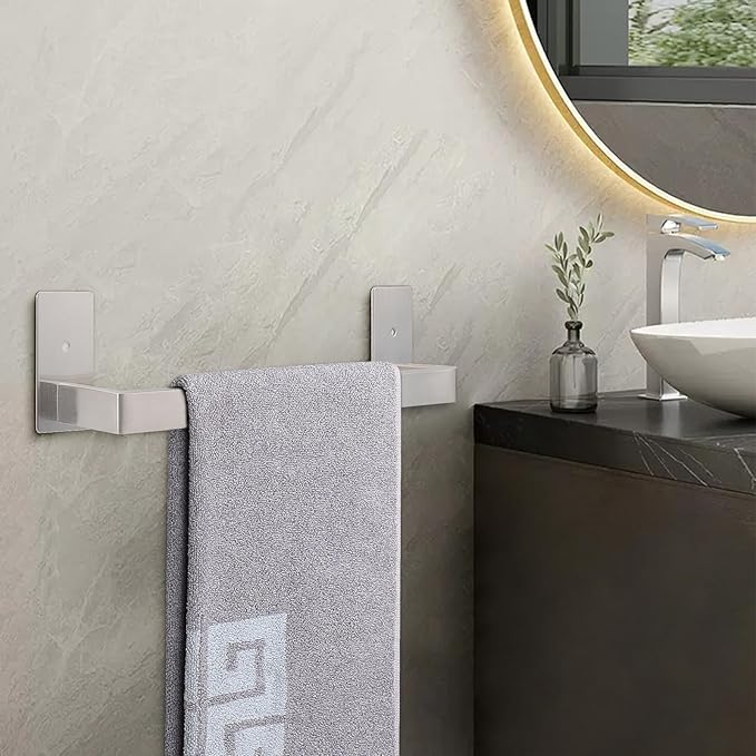 NearMoon Self Adhesive Bathroom Towel Bar, Stainless Steel Square Bath Wall Shelf Rack Hanging Towel Stick On Sticky Hanger Contemporary Style, Towel Rack Wall Mounted (12 Inch, Brushed Nickel)