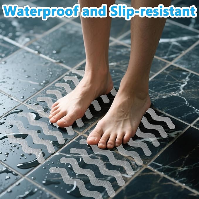 24pcs Anti Slip Shower Stickers, Non Slips Shower Strips with Premium Scraper, Clear Wave-Shaped Bathtub Non Slip Stickers for Bath Tub Showers Stairs Non-Slip