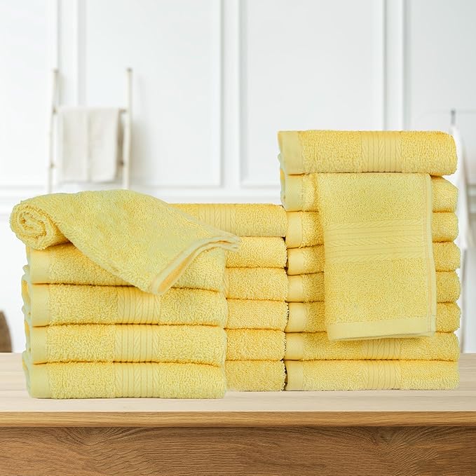 Ample Decor Wash Cloths Pack of 20, Oeko Tex Certified 600 GSM 100% Cotton Soft Absorbent, Premium Quality Durable Machine Washable, Ideal for Bathroom, Pool, Hotel, Spa – Yellow