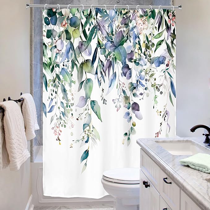 Riyidecor Extra Long Navy Eucalyptus Shower Curtain for Bathroom Decor 54Wx78H Eucalyptus Plants Leaves Botanical Leaf Floral Art Printed Fabric Polyester Waterproof 12 Pack Plastic