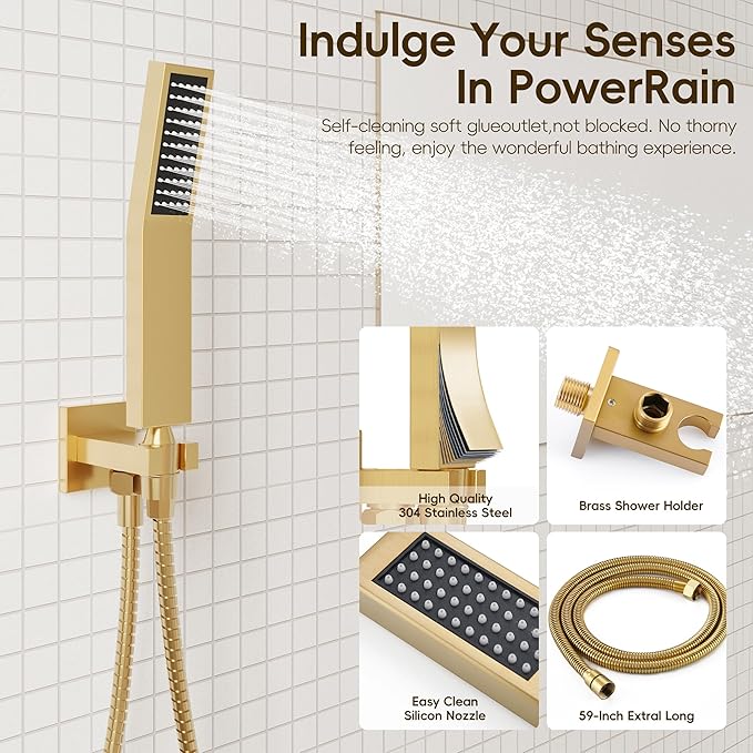 Gold Shower System, Shower Faucet Set with High Pressure 12 inch Shower Head and HandHeld, Wall Mounted Bathroom Shower Head Set,Shower Faucet Rough-in Valve and Trim Kit, Brushed,Gold