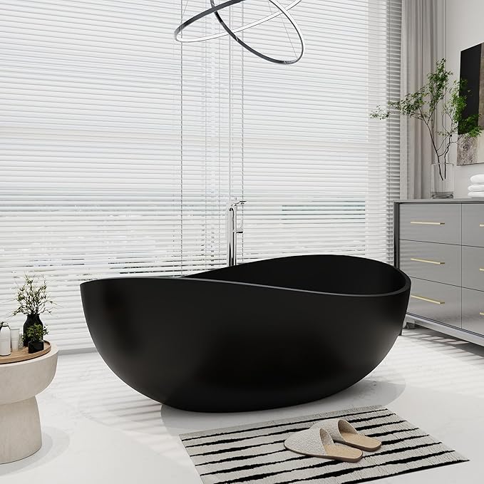 SJ STAR&JANE 63" x 38" Solid Surface Freestanding Bathtub, Oval Soaking Tub with Overflow and Pop-up Drain for Bathroom Matte Black