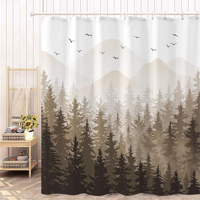 Aipon Brown Misty Forest Shower Curtain Ombre Nature Tree Plants Shower Curtains Fabric Waterproof Mountain Shower Curtain Sets for Bathroom Bath Decor with 12 Hooks (Brown, 72'' × 78'')
