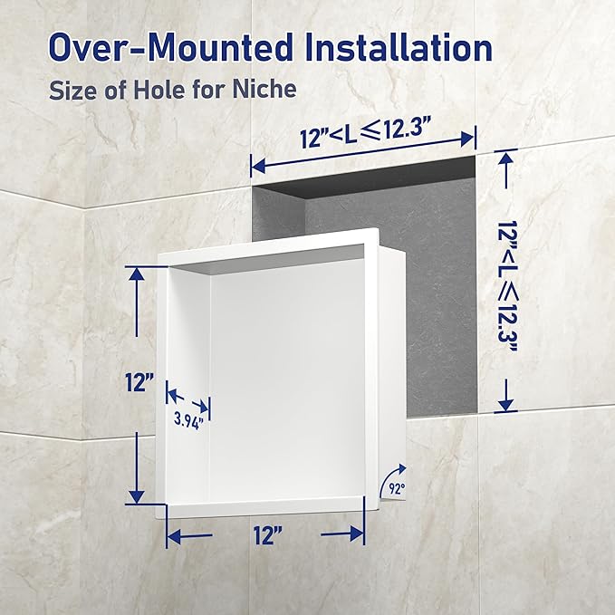Stainless Steel Shower Niche 12" X 12" White No Tile Needed Niche Shower Recessed Wall Niches for Bathroom Storage Over Mount Installation