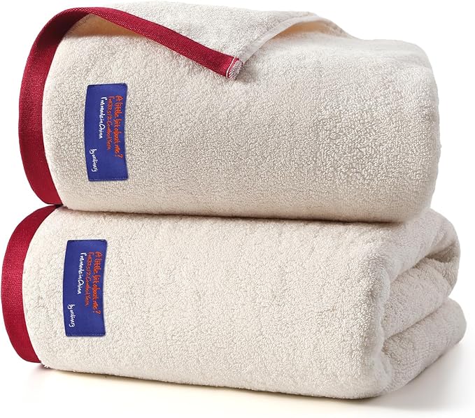 REDKISS 2 Pack 100% Cotton Bath Towels with Luxury Embellished Border Design, Oversized 27 x 54 Inches & 600 GSM Ultra Soft Bath Towel Set, Quick Dry Towels for Bathroom, Gym, Hotel, Beige Brown
