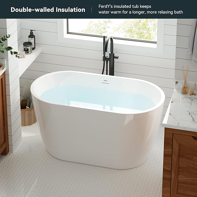 FerdY 47" Bali Acrylic Freestanding Bathtub with Headrest, Gracefully Shaped Soaking Bathtub, cUPC Certified, Toe-Tap Polished Gold Drain& Minimalist Linear Design Overflow& Bath Pillow Included
