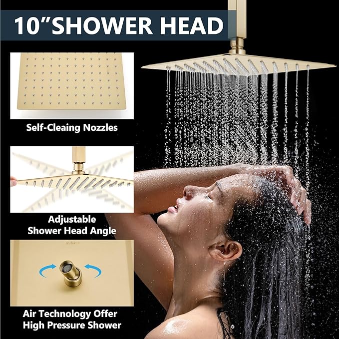 Aolemi Shower Faucet Set Ceiling Mount Shower System Rough-in Valve and Shower Trim Kit 10 and 6 Inch Dual Shower Head 2 in 1 Handheld Spray Push Button Diverter Brushed Gold