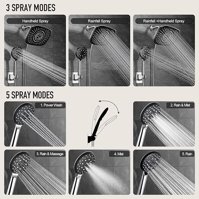 Veken 10'' Rain Shower Head with Handheld, High Pressure Rainfall Showerhead Combo with 5 Handheld Water Spray Modes for Bathroom Accessories, Home Decor, Detachable Dual Shower Heads, Chrome Silver