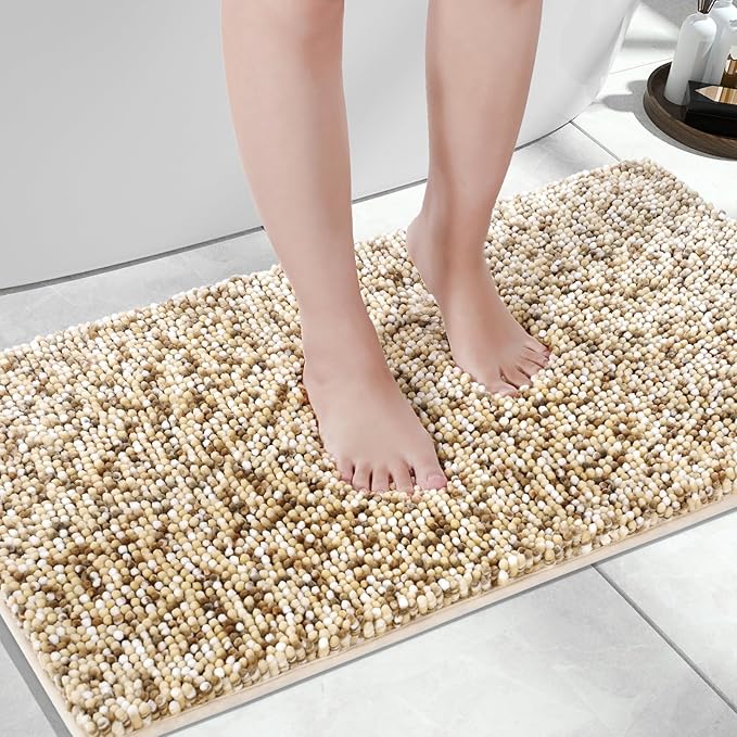 Yimobra Bath Mats for Bathroom Non Slip, 31.5x20, Extra Soft Chenille Bathroom Rugs, Fluffy Plush Luxury Shower Mat Outside, Water Absorbent, Machine Washable, Sink and Tub, Beige & Light Coffee