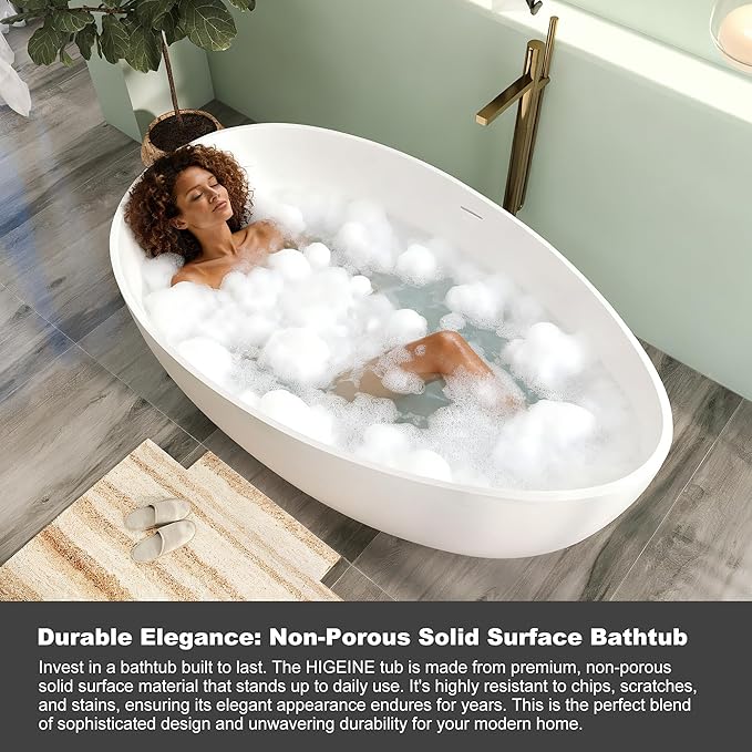 Premium Upgraded 63" Solid Surface Freestanding Bathtub, Unique Oval Stone Resin Tub with Overflow and Pop-up Drain, Matte White