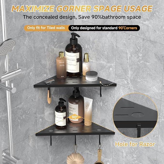 Corner Shower Shelf 10" Matte Black 304 Stainless Steel Recessed Shelf for Bathroom，Shower Corner Rack with Razor Hole Hook，Grout in Shelf for Tiled Wall, 2 Pack