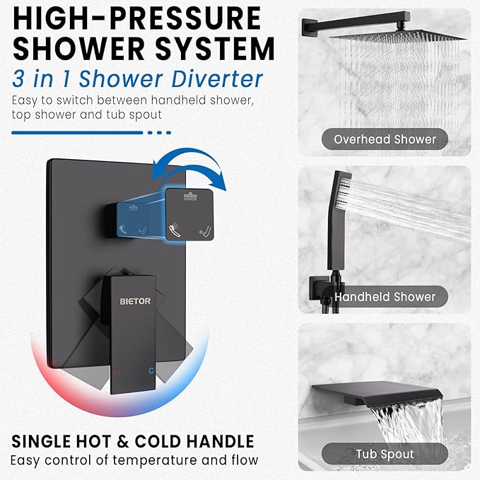 Wall Mounted Shower Faucet Set, Shower System with Tub Spout, 12 Inch Rainfall Shower Head with Handheld Spray, Waterfall Tub Spout Bathtub Faucet, Black