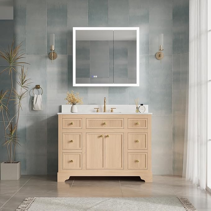 WELLFOR 36 x 32 Inch LED Medicine Cabinet with Lights, 3X Magnification Makeup Mirror, Bathroom Vanity Mirror Cabinet with Storage, Anti Fog, Surface or Recess Mount, Double Opening Door