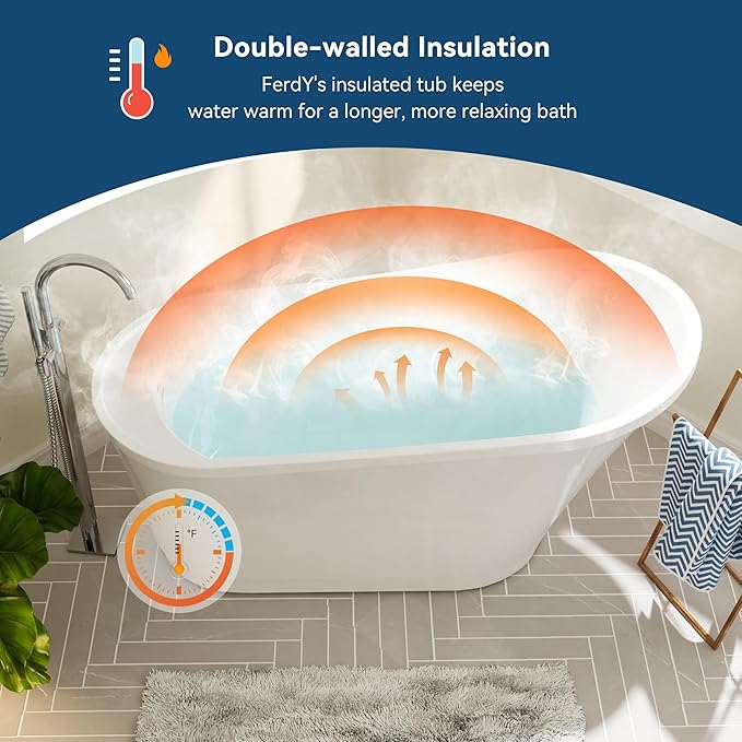FerdY Langkawi 59" Acrylic Freestanding Bathtub, White Modern Stand Alone Soaking Bathtub, cUPC Certified, Polished White Drain and Minimalist Linear Design Overflow Included, Easy to Install, 02568T