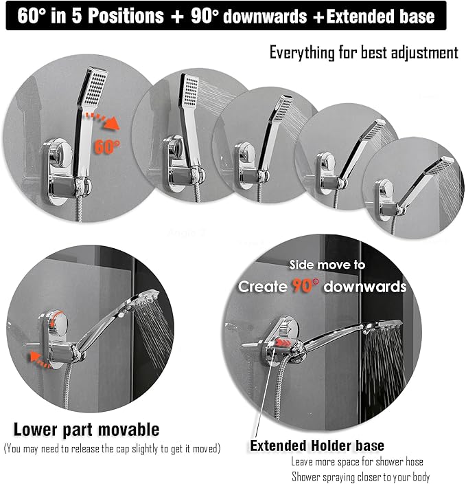Handheld Shower Head Holder - 5 Positions Adjustable + 90° downwards - Adhesive Wall Mount - Fits Large showerhead - Wider Slot For Universal Fits - Polished Chrome