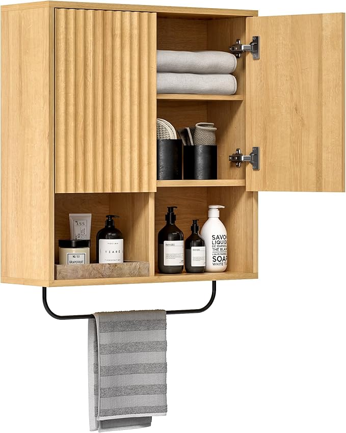 Fluted Wall Cabinet, Modern Wood Floating Bathroom Cabinet with Hanging Rod and Adjustable Shelf, Wall Mount Medicine Cabinet Natural Oak
