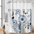 No Hook Blue Flower Shower Curtain with Snap in Fabric Liner Set, Daisy Rustic Farmhouse Double Layers Waterproof Fabric with See Through Top Window Open Grommet Bath Curtain 71x74 Inch