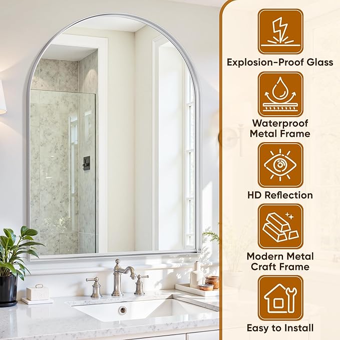 Arched Mirror 30"x40", Bathroom Mirror, Wall Mounted Vanity Mirror with Arch Metal Frame for Bathroom, Over Sink, Bedroom, Living Room, Deep Frame, Silver