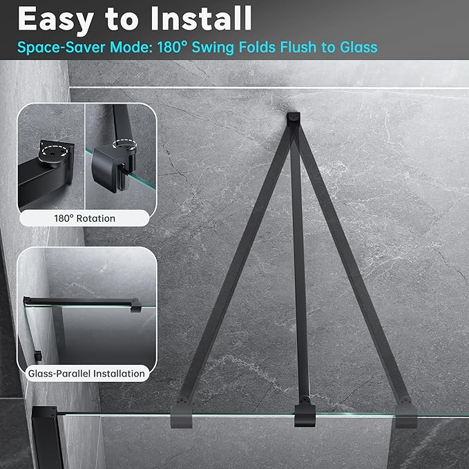 Frameless Shower Door Support Bar, Stainless Steel Wall-to-Glass Support Arm to Fixed Shower Glass Panel, for 1/4"-3/8" (6-10 mm) Door, 180° Pivot & Stow-Flat Mode (Matte Black, 23.6-inch(600mm))