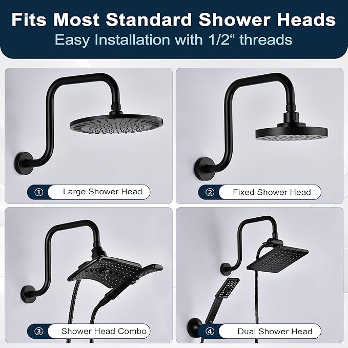 BRIGHT SHOWERS Shower Head Extension Arm 13 Inch S Shaped Gooseneck Shower Riser with Flange, Long Stainless Steel Rainfall Shower Pipe Arm Extender and Shower Neck Replacement, Matte Black