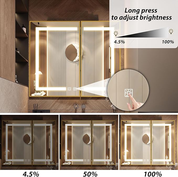 APRILSOUL 36X30 Inch Gold Bathroom Medicine Cabinet with Mirror, Recessed or Surface Lighted Medicine Cabinet with 3 Colors Temperature, Dimmable Light
