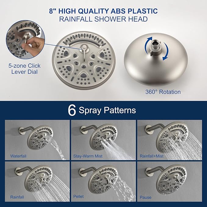 SHAMANDA Shower Tub Faucet Set with Rough-in Valve and Trim Kit, Shower System with Waterfall Diverter Tub Spout, Single Handle 8 Inch 6-Spray Rain Shower Head Combo Set, Brushed Nickel, L818-2