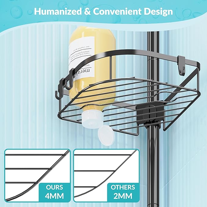 Shower Caddy Tension Pole, 4-Tier Adjustable Corner Shower Standing Caddy, Rustproof Rack for Bathroom Bathtub, with 4 Shelves, No Drilling Corner Bathroom Shelf for Inside (Black)