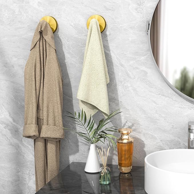 Shower Suction Cup Hooks, Heavy Duty Bathroom Wall Hooks for Towels, Robes, Loofahs, Removable Metal Hook for Tile Glass Mirror, No Drill(4 Pack, Gold)