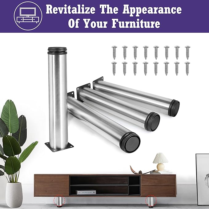 12 Inch Metal Furniture Legs Stainless Steel Adjustable Legs Silver Metal Legs Round Cabinet Legs for Coffee Table Cabinet Desk Sofa Shelves, Pack of 4