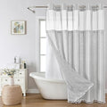 No Hook Extra Long Shower Curtain Set with Snap-in Liner,Linen Textured Thick Striped Fabric with Tassels,Boho Chic Modern Farmhouse Bathroom Curtain,Water-Repellent,Grey/Gray,71x86