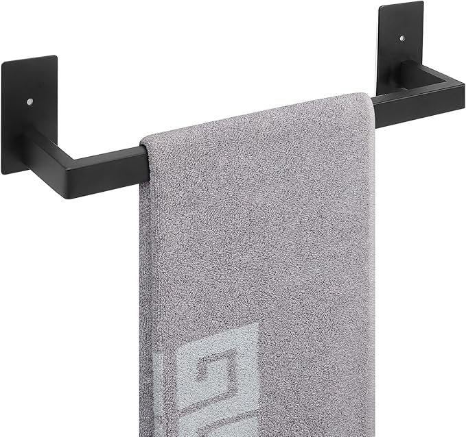 NearMoon Self Adhesive Bathroom Towel Bar, Stainless Steel Square Bath Wall Shelf Rack Hanging Towel Stick On Sticky Hanger Contemporary Style, Towel Rack Wall Mounted (16 Inch, Matte Black)