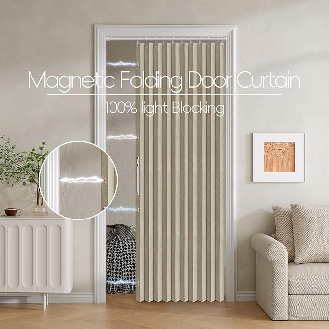 100% Blackout Fabric Folding Door Curtain with Magnetic Closure - Accordion Style for Sliding Doors, Closets,Wardrobe and Temporary Door Solutions Doorway Curtains（W42 x L78, Beige 1 Panel）