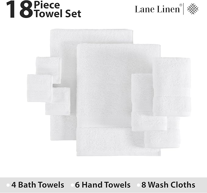 LANE LINEN 100% Cotton Luxury White Bath Towels - 18 Pieces, Ring-Spun Technology - 4 Bath, 8 Washcloths, 6 Soft Hand Towels, Machine Washable, Remains Soft & Absorbent Even After Multiple Washes