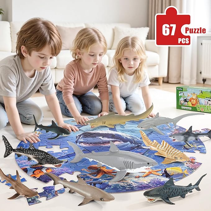 Shark Toys for Kids, 10PCS 5-8" Realistic Shark Figurines & 67PCS 20'' Large Sea Ocean Animals Jigsaw Puzzles Toys for Kids Ages 4-6, Birthday Party Favors & Gifts for Toddlers Boys Girls