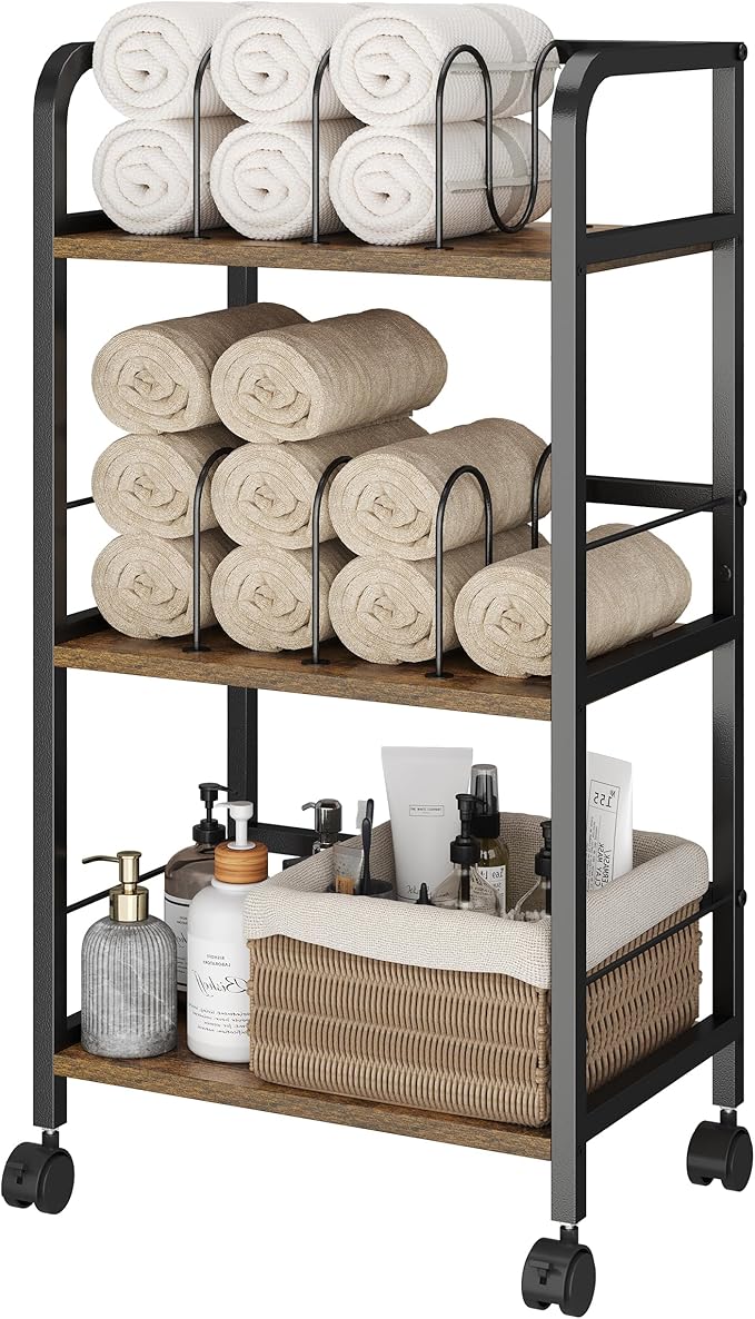 Towel Rack Free Standing Rolling 3-Tier with Removable Dividers & 2 Brake Wheels, Mobile Bathroom Storage Organizer with 3 Wood Shelves for Towels, Toiletries, Poolside Towel Holder