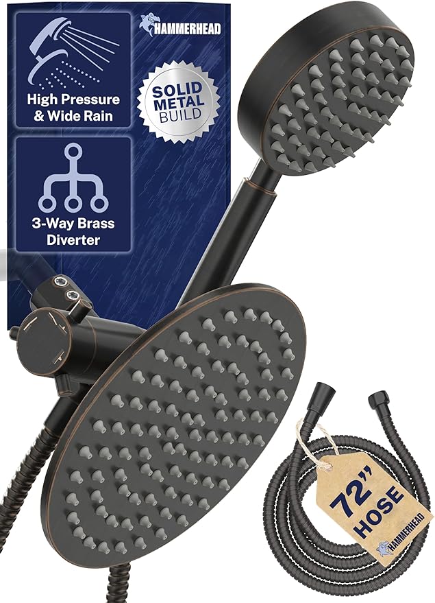 HammerHead Showers® Solid Metal Dual Shower Head Combo – OIL RUBBED BRONZE – 8 Inch Rainfall High Flow Shower Head & Handheld Shower Head High Pressure with Hose 6ft - Hotel-Like Double Shower Heads