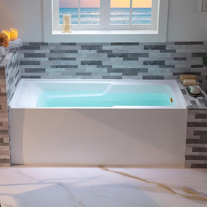 WOODBRIDGE 54" Acrylic Rectangular Alcove Soaking Bathtub in White with Right Drain, Brushed Gold Pop-Up Drain Included BA5430R