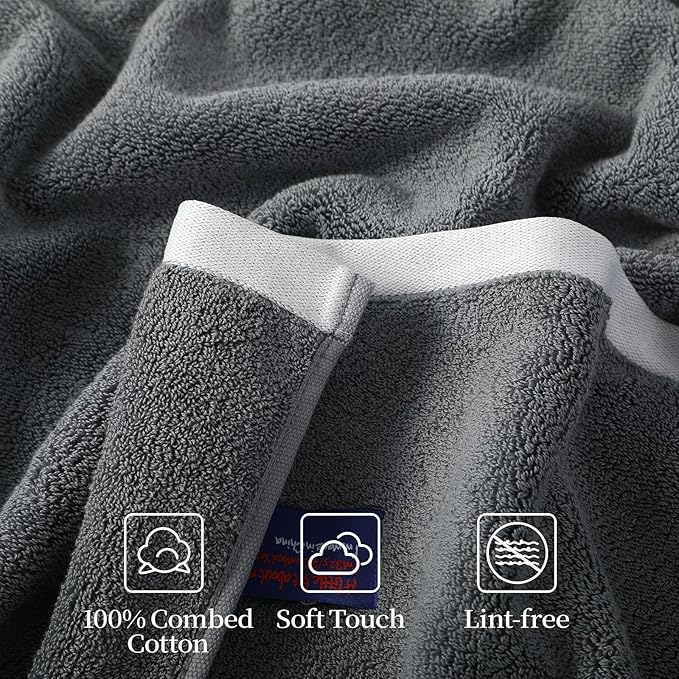 REDKISS 2 Pack 100% Cotton Bath Towels with Luxury Embellished Border Design, Oversized 27 x 54 Inches & 600 GSM Ultra Soft Bath Towel Set, Quicker to Dry Towels for Bathroom, Gym, Spa, Hotel, Gray