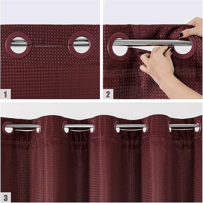 MitoVilla No Hooks Needed Burgundy Waffle Shower Curtain Liner Set, Modern Waffle Weave Heavy Duty Fabric Cloth Shower Curtain with Snap-in Liner for Luxury Neutral Hotel Spa Bathroom Decor