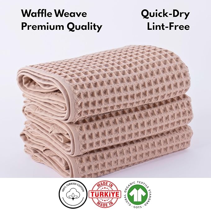 PÜSKÜL Waffle Kitchen & Hand Towel Organic 100% Turkish Cotton Set of 3 Beige - Premium Quality, Soft, Quick-Dry, Absorbent, Lint-Free Waffle Weave Towels 32X16 Inches (3, Beige)