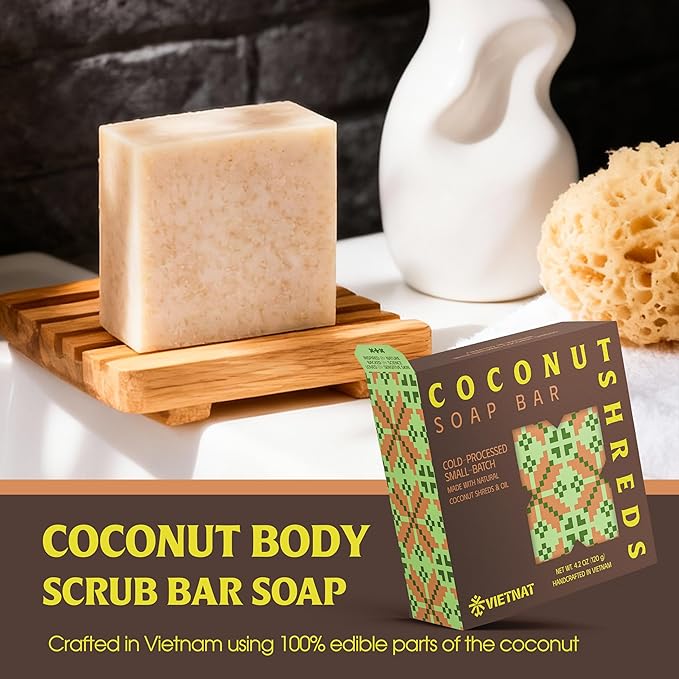 Coconut Shreds Soap Bar (Pack of 3) – 2-in-1 Cleansing & Exfoliating, Cold Process Handmade Bar with Real Coconut, Nourishing Body Soap, Made in Vietnam