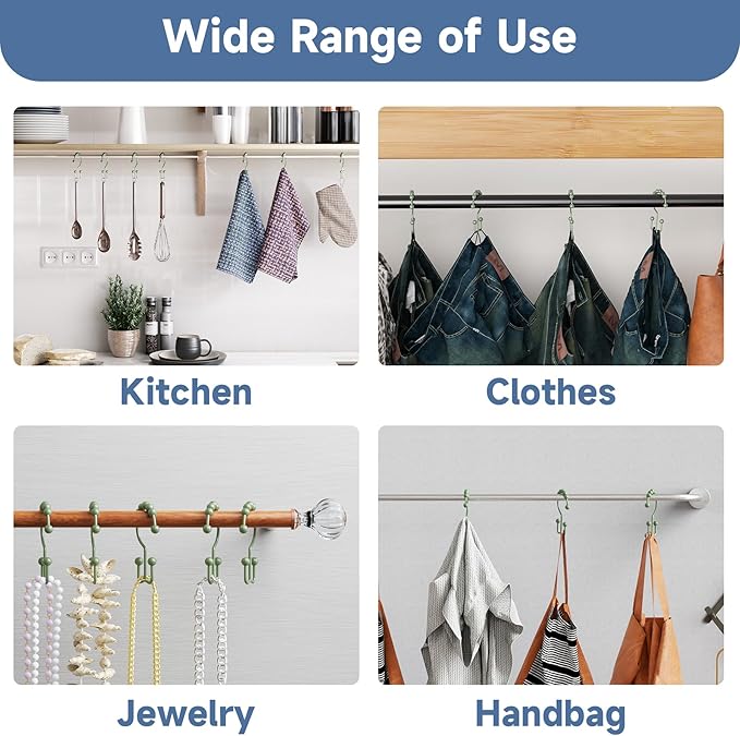 Titanker Shower Curtain Hooks Rings, Rust-Resistant Metal Double Glide Shower Hooks for Bathroom Shower Rods Curtains, Set of 12 Hooks - Sage Green