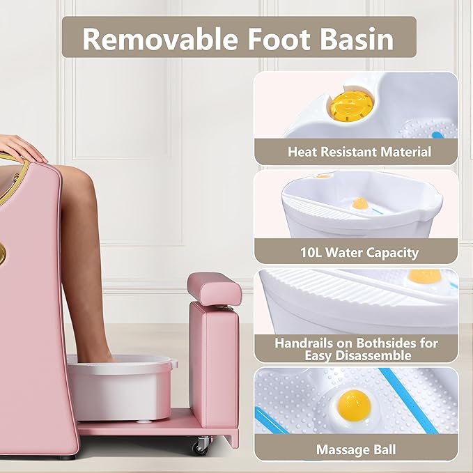 Pedicure Station for Nail Tech, Reclining Pedicure Chair with Massage Foot Bath, No Plumbing Pedicure Station Unit (Pink)