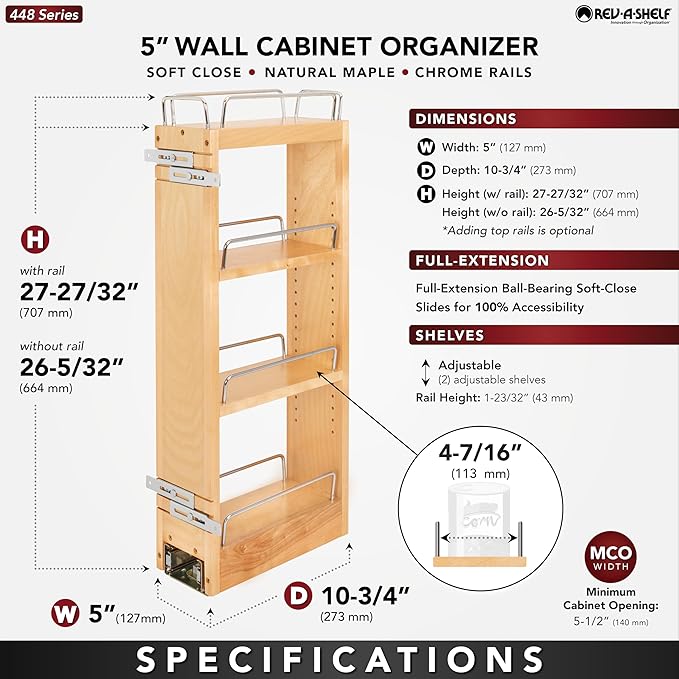 Rev-A-Shelf 5" Pullout Kitchen Cabinet Storage Organizer w/Soft-Close, Wood Construction with Extra Durability, 448-BBSCWC-5C