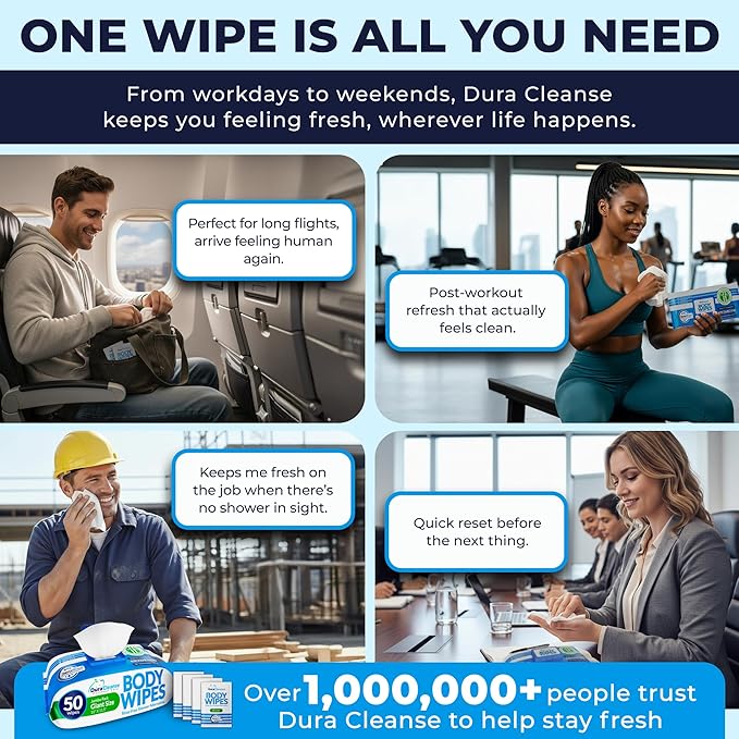 Dura Cleanse Body Wipes for Adults No Rinse Bathing (2 Pack) 100 XL Shower Cloths + 8 Travel Sheets – 10" x 11.5" Thick Disposable Washcloths for Camping & Elderly Care