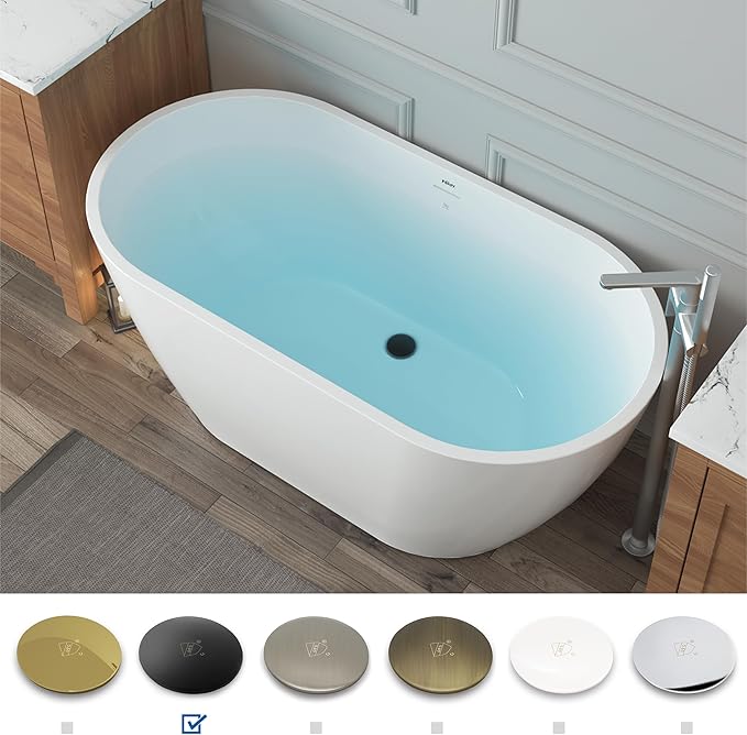 FerdY 55" Bali Acrylic Freestanding Bathtub, Gracefully Shaped Freestanding Soaking Bathtub, cUPC Certified, Toe-Tap Matte Black Drain