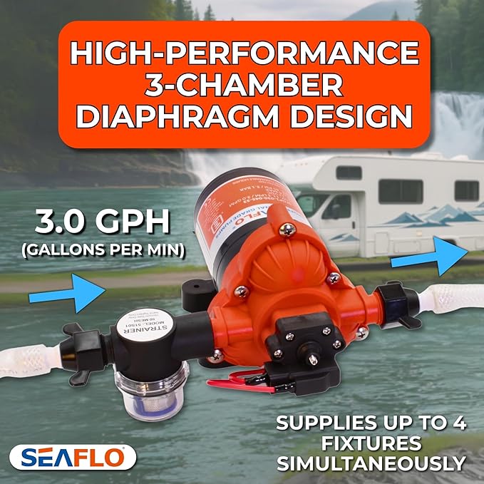 SEAFLO 33 Series 12V DC RV/Camper/Boat/Off-Grid Fresh Water Pressure Pump –12V, 3.0 GPM, 45 PSI, On Demand Self-Priming, Built-In Pressure Switch - NSF, CE & Rohs Certified, UL Listed, 4-Year Warranty