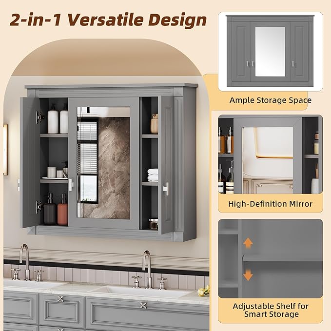 Merax Wall Mounted Bathroom Medicine Cabinet with Mirror, Bathroom Wall Cabinet with Doors and Shelves, 34" x 29" Mirrored Door Over Toilet Storage Cabinet, Black