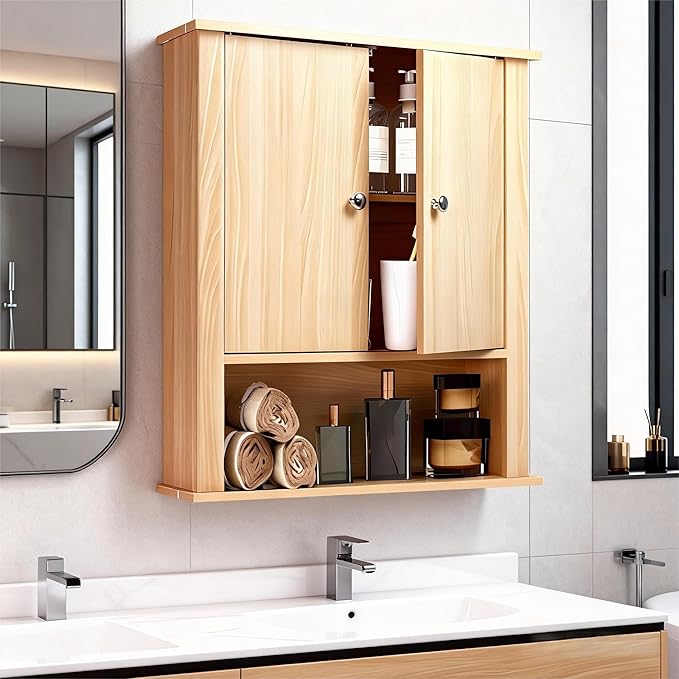 Bathroom Cabinet Wall Mount, Over The Toilet Storage Cabinet, Medicine Cabinet with 2 Doors, Bathroom Storage Cabinet, Upper Storage Cabinets for Kitchen Laundry Room (Nature)